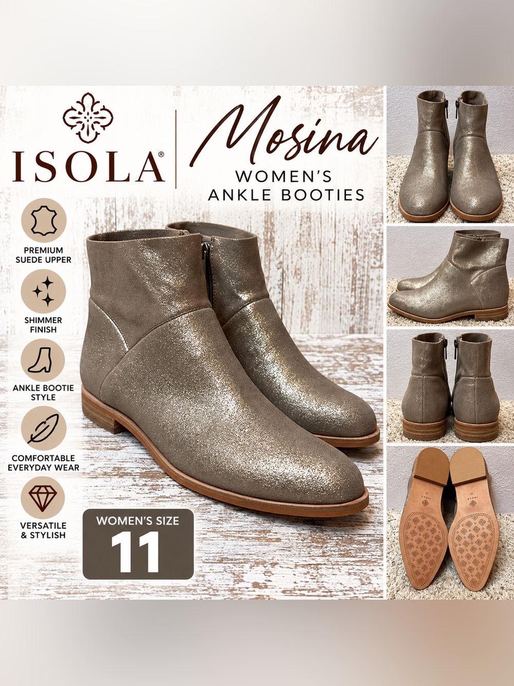 ISOLA MOSINA METALLIC SUEDE ANKLE BOOTIES WOMEN’S SIZE 11